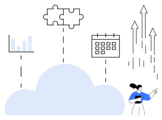 Obraz premium Cloud connected to a chart, puzzle pieces, calendar, and growth arrows with a woman holding a tablet. Ideal for technology, business, networking, productivity growth strategy teamwork. Simple flat