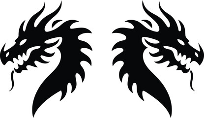 Black and White Dragon Duo Tattoo Design Symmetrical Fantasy Creatures Mystical Beasts Dragons Facing Each Other Ornate Vector Graphics Tattoo Art