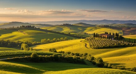 Naklejka premium Picturesque rolling hills of Tuscany at dusk offering a calming presence