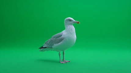 Obraz premium Seagull walking in profile on an isolated green screen. Animal bird for chroma key background. Wildlife, nature, and coastal concept.