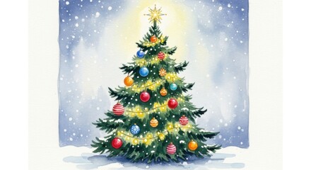 Fototapeta premium Colorful Christmas Tree Decorated with Ornaments and Lights in Snowy Winter Scene