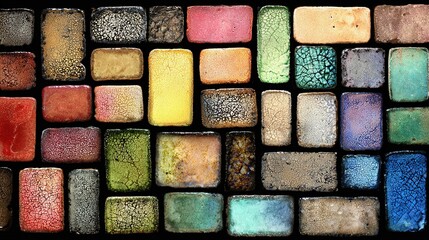 Fototapeta premium Close-up of colorful square tiles in artistic pattern, showcasing mosaic art beauty with deep blue, vibrant orange, soft pink, rich brown hues; black background for contrast, highlighting Fontaineblea