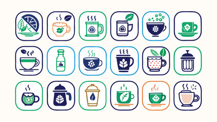 A comprehensive collection of vector line icons representing various types of tea, coffee, and hot beverages for graphic design elements