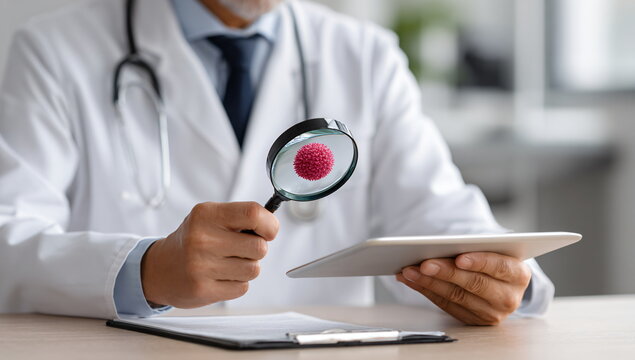 Male doctor in medical uniform holds magnifying glass with virus cell and tablet. Medical research and healthcare professional. - Powered by Adobe
