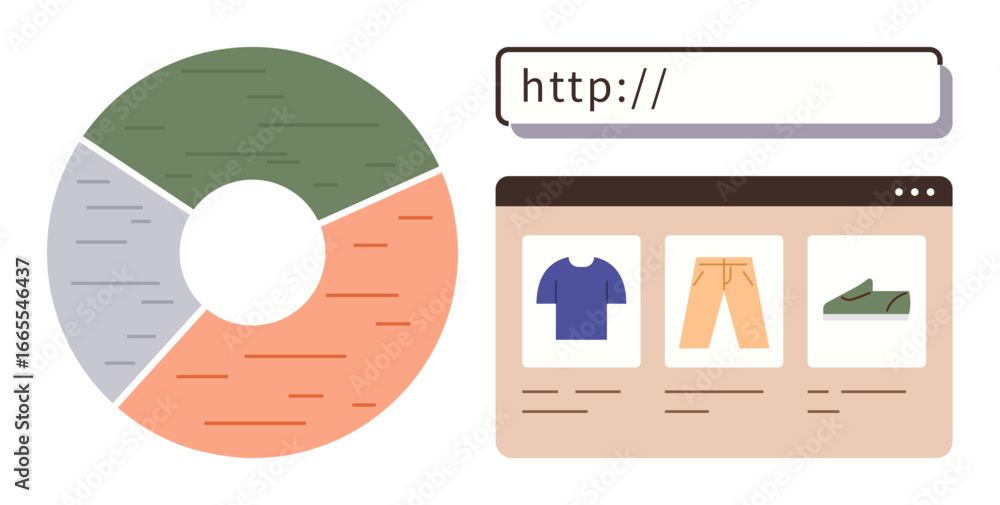 Aufkleber circular chart alongside a web browser window displaying products. ideal for e-commerce, analytics, 