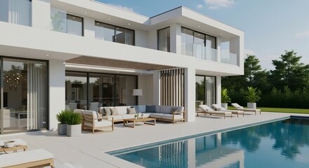 A modern white house with a pool and patio furniture on a sunny day showcasing luxurious living