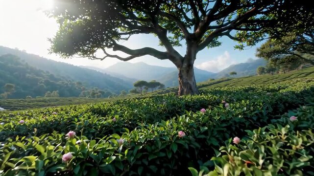 there is a large tree in the middle of a field of flowers