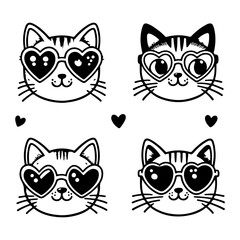 Set of cute hand drawn cat faces with heart-shaped glasses in doodle style