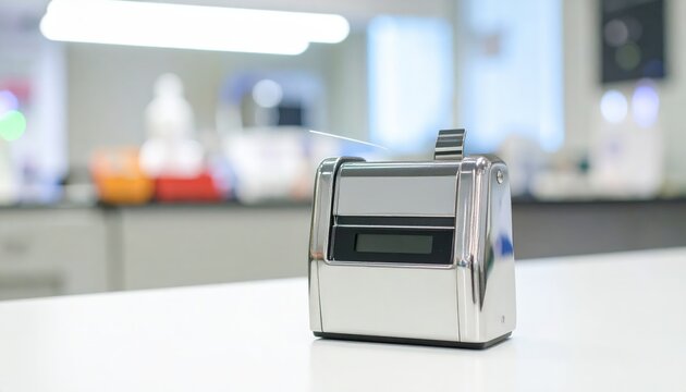 A sleek, metallic label printer sits on a white table in a blurred laboratory setting