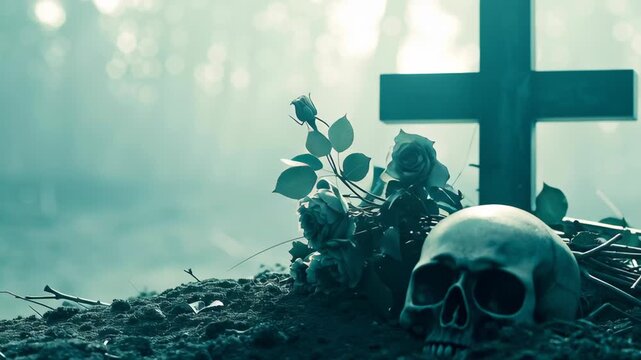 Scary angel of death haunted graveyard concept. A skull and roses lie near a cross in a misty cemetery atmosphere.