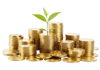 Plant growing from stacked gold coins symbolizing financial growth and investment success transparent background