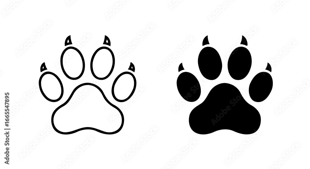 Aufkleber single vector icon of a paw print | includes a thin line art version next to a matching silhouette v