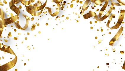 Gold ribbons and confetti on white background (1)