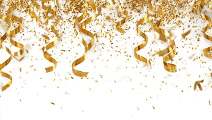 Gold confetti and streamers on white background (2)
