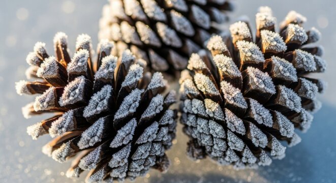 Frosted Pine Cones on Snowy Surface in Natural Light for Winter Decor
