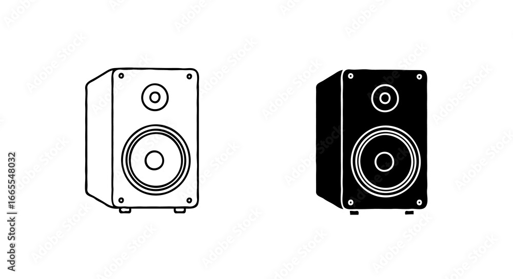 Aufkleber single vector icon of a speaker | includes a thin line art version next to a matching silhouette ver