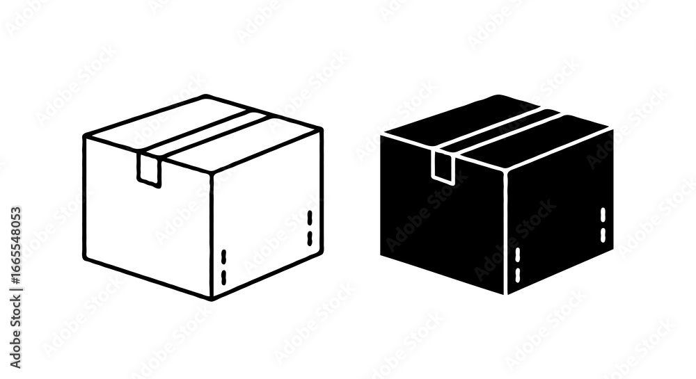Aufkleber single vector icon of a cardboard package box | includes a thin line art version next to a matching 