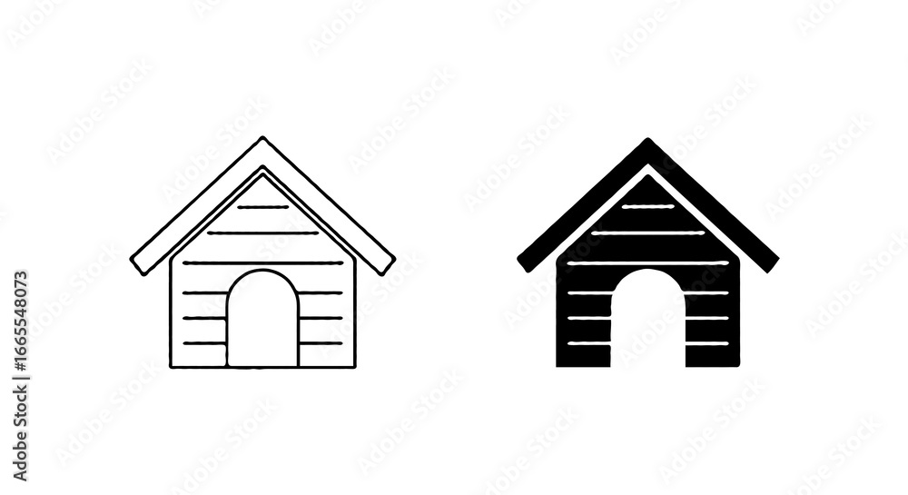 Poster single vector icon of a dog house | includes a thin line art version next to a matching silhouette v