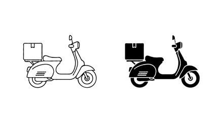 Obraz premium Single vector icon of a delivery scooter or motorbike with a box | Includes a thin line art version next to a matching silhouette version. Minimal, clean, monochrome, isolated on white background