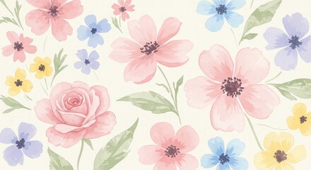 A beautiful watercolor painting of a variety of delicate flowers in soft pastel colors, including roses, daisies, and other blossoms, set against a light cream background.