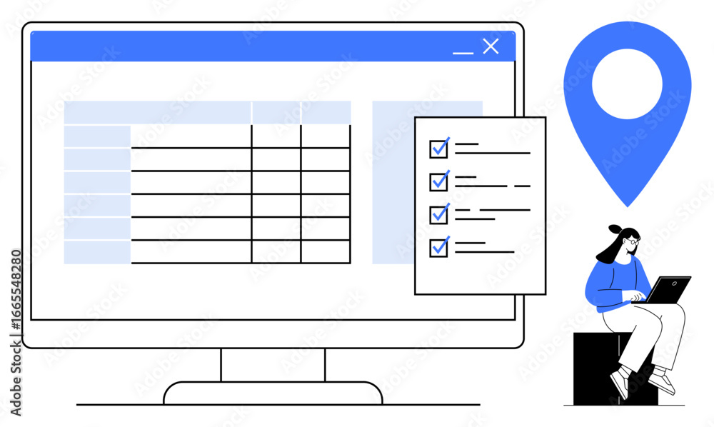 Aufkleber computer screen showing a table, checklist with checkmarks, and geolocation marker. ideal for produc