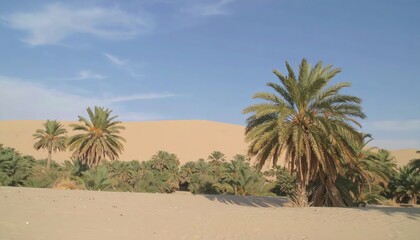 Oasis with lush date palm trees against a backdrop of a vast sand dune under a blue sky