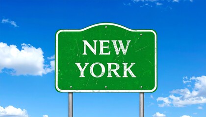 A weathered green road sign indicates the destination of New York against a vibrant blue sky filled with puffy white clouds.