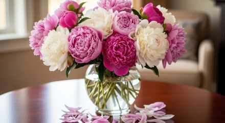 Elegant Pink and White Peony Bouquet in Clear Vase Displayed Indoors