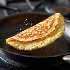Pancake 103 being flipped in a frying pan on a stovetop. -