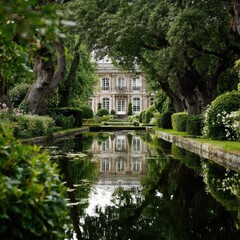 Palace 131 reflected in a calm pond surrounded by manicured gardens -