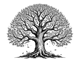Detailed black and white drawing of a large tree