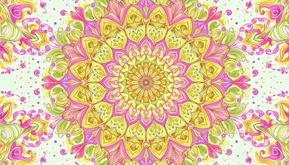 A vibrant, symmetrical mandala design, showcasing intricate patterns in shades of pink, yellow, and green, against a light pastel background.