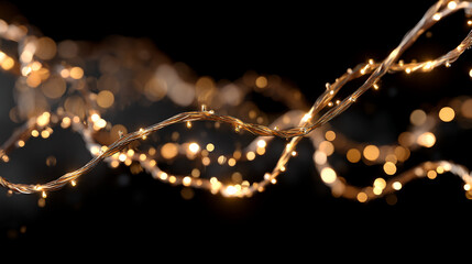 Close up of a string of fairy lights with a dark background and bokeh effect