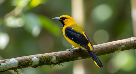 Naklejka premium A vibrant yellow oriole perches gracefully on a mossy branch against a softly blurred backdrop of lush green foliage capturing nature's beauty and avian elegance in a serene moment