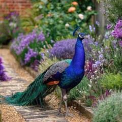 Obraz premium Stock image of a peacock walking proudly through a garden -