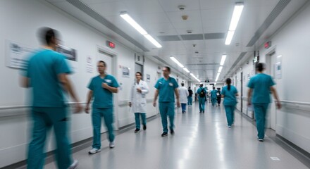 Medical personnel move quickly through a hospital hallway, conveying a sense of urgency and professional activity.