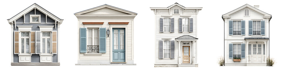 Charming House Facades: Diverse Architectural Styles on White