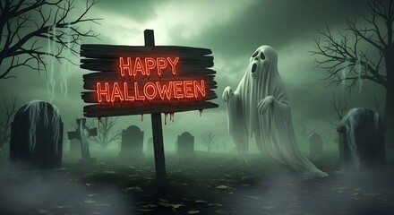 A spooky halloween scene with a ghost and a happy halloween sign in a graveyard with fog and trees