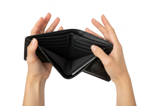 Closeup of a persons hands holding an empty black wallet, isolated on transparent background, symbolizing financial difficulty poverty
