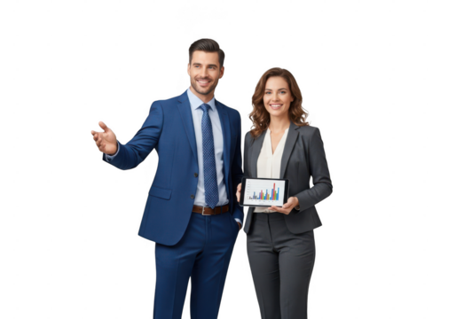 Two business people in suits are business data on a tablet, isolated on transparent background