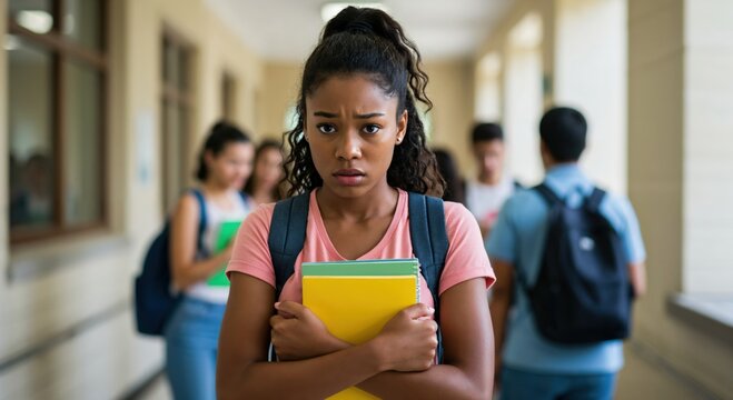 Worried African American teenage girl student feeling anxious and stressed while standing in a crowded school hallway.