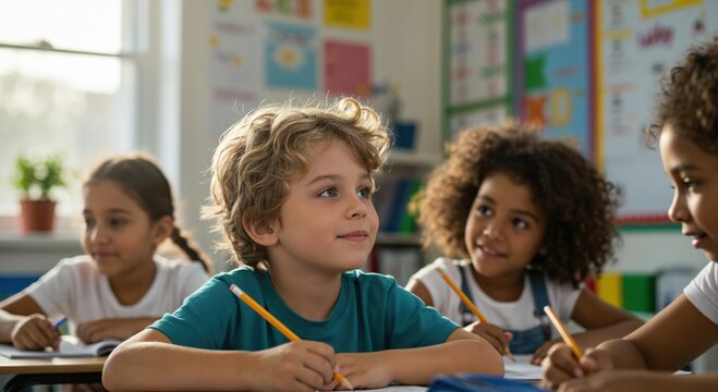 Portrait of a cute elementary school boy listening attentively during a lesson in a diverse and bright classroom.