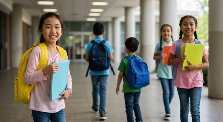 Happy young Asian schoolgirl smiling at the camera while walking with friends in a school hallway. Diverse group of elementary students with backpacks.