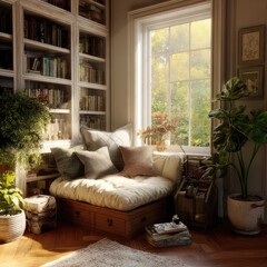 A cozy reading nook by a window with soft sunlight -