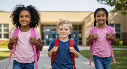 Happy diverse group of elementary school students walking outside of school. Three smiling kids with backpacks ready for the first day of class.