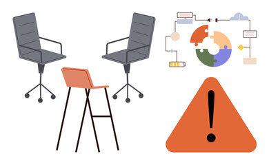 Fototapeta premium Two office chairs, one high stool, workflow diagram with puzzle and flowchart elements, and triangular warning sign. Ideal for teamwork, problem-solving, communication, project management, risk