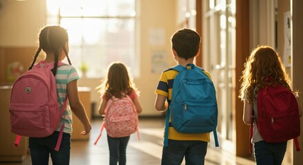 Rear view of a group of diverse elementary school children with backpacks walking together down a sunlit hallway