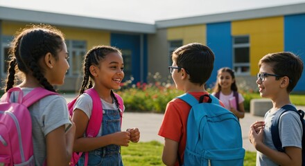 Happy diverse group of elementary school kids talking and smiling in the schoolyard. Friends with backpacks socializing after class.