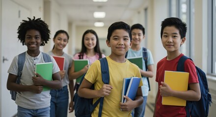 Portrait of a diverse group of happy middle school students standing in a school hallway. Multiethnic classmates with backpacks and books.