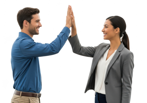 Two business people are giving each other a high five isolated on transparent background - Powered by Adobe